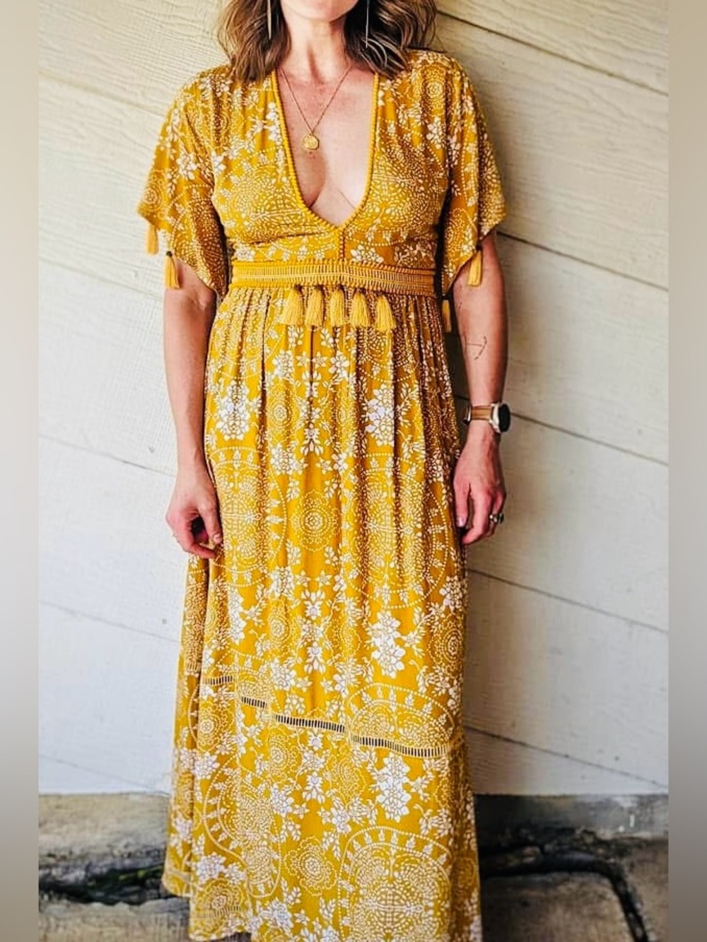 Yireh honey floral maxi dress deep v S